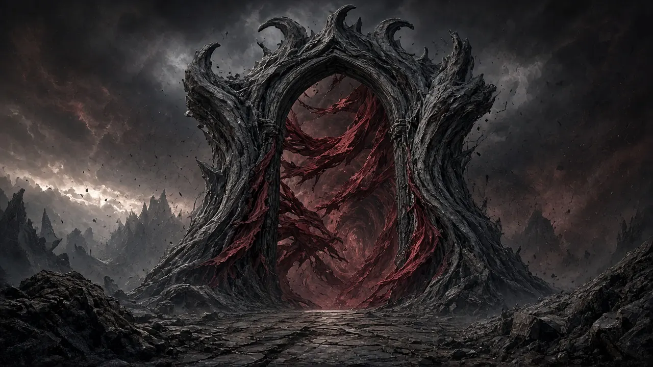 A twisted archway of black stone hung with torn red cloth, under a storm-dark sky